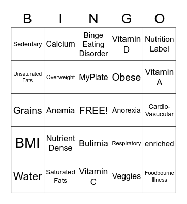 Nutrition and Physical Activity Bingo Card