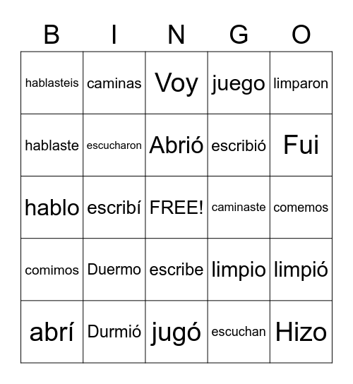 Spanish Bingo Card