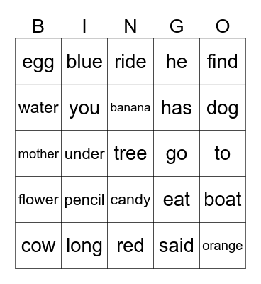 Sight Words Bingo Card