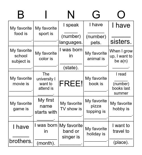 Human Scavenger Hunt Bingo Card