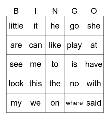 Sight Words Bingo Card