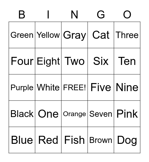 Colors and Number Bingo Card