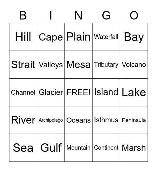 LAND-AND-WATER BINGO, LAND and WATER BINGO Card