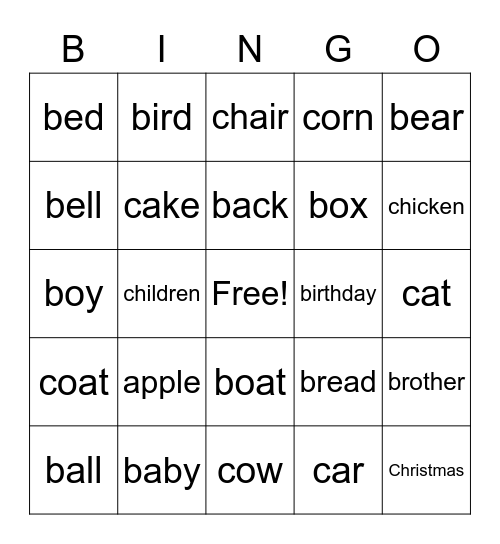 Sight Words Bingo Card