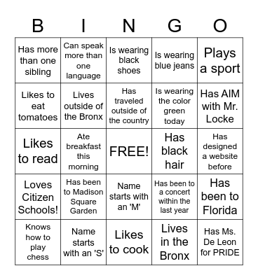 Get to know you Bingo Card