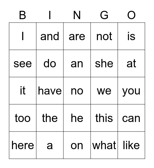 Sight Words Bingo Card