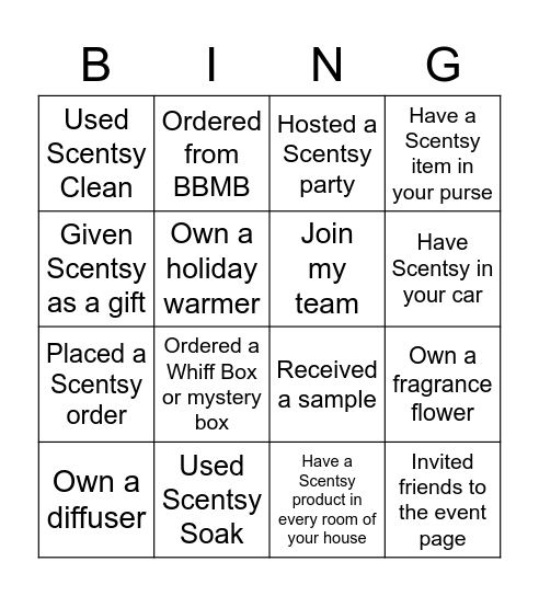 Scentsy Bingo Card