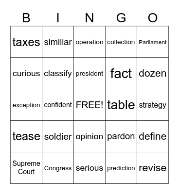 VOCABULARY Bingo Card