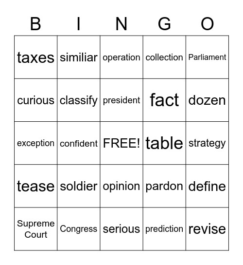 VOCABULARY Bingo Card