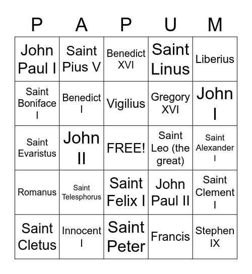 Pope Trivia Bingo Card