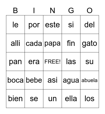Spanish Bingo Card