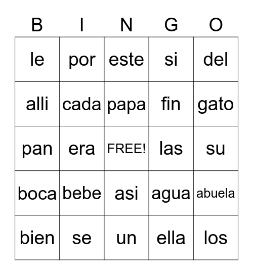 Spanish Bingo Card