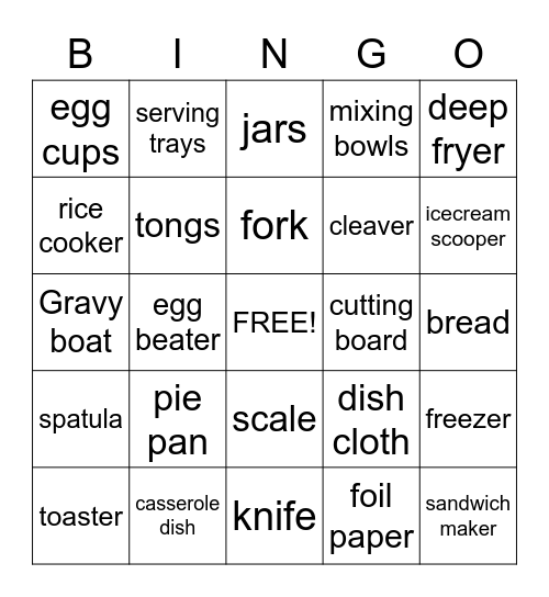 Kitchen Bingo Card