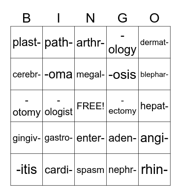 Medical Terminology Bingo Card