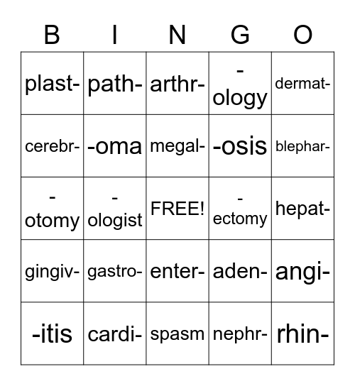 Medical Terminology Bingo Card