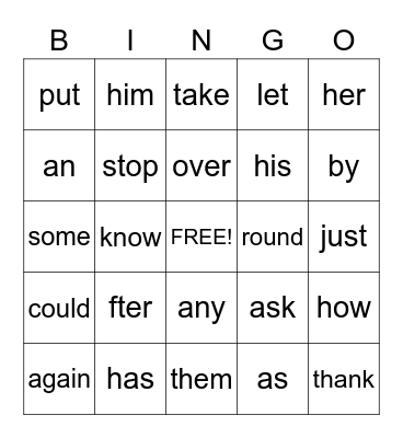 Sight Words Bingo Card