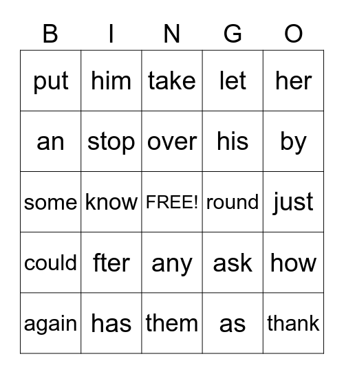 Sight Words Bingo Card