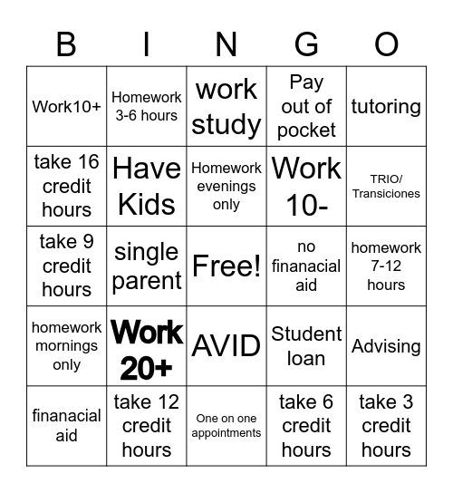 College Success Bingo Card