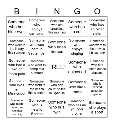 Get to know you Bingo Card
