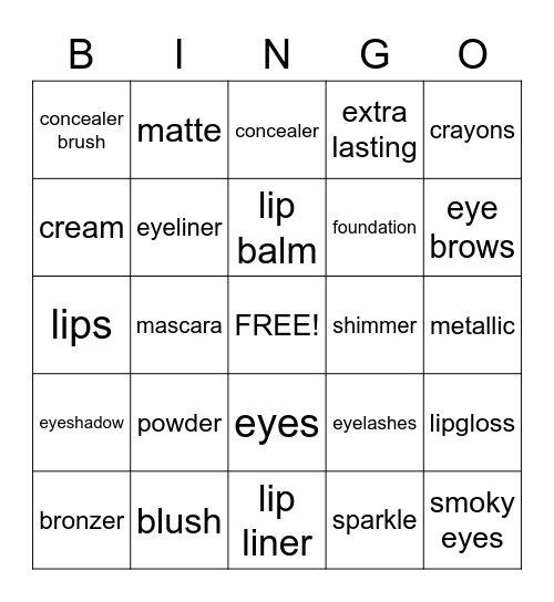 Make up Bingo Card