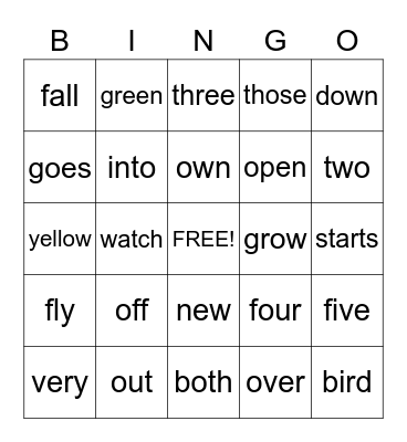 Sight Word Bingo  Bingo Card