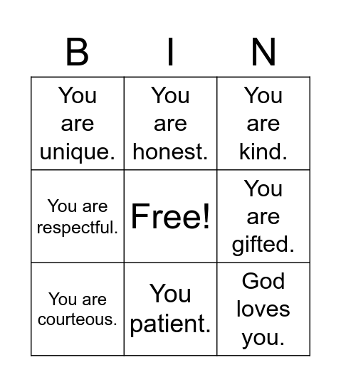 Kind Words Bingo Card