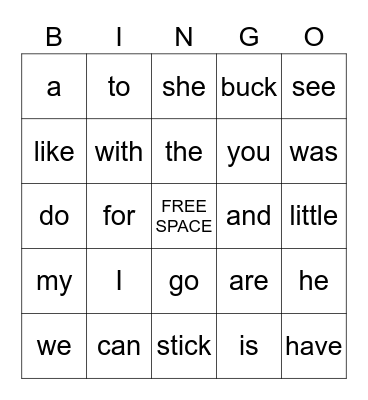 Sight Words Bingo Card