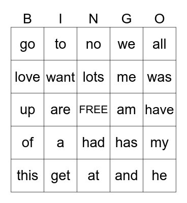 Sight Words BINGO Card