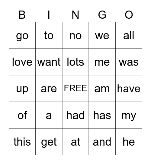 Sight Words BINGO Card