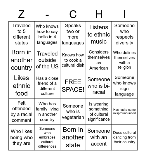 Z-CHI Culture Game! Bingo Card