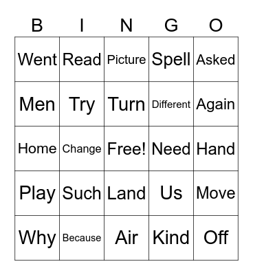 Sight Words Bingo Card