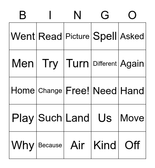 Sight Words Bingo Card