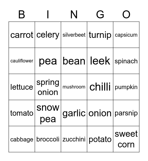 Vegetables Bingo Card