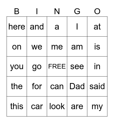 Sight Words Bingo Card