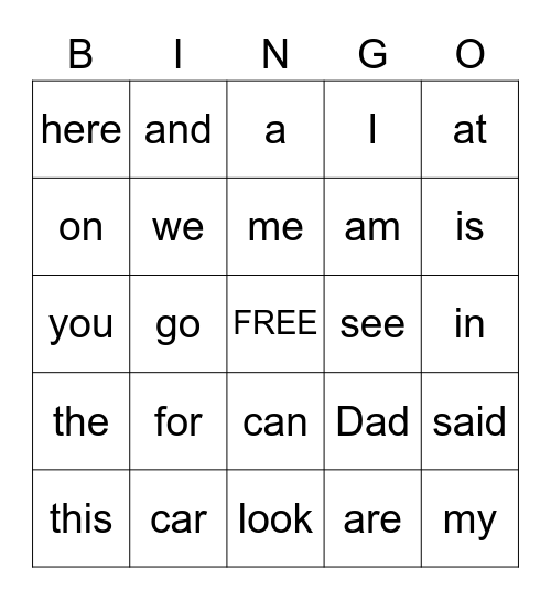 Sight Words Bingo Card