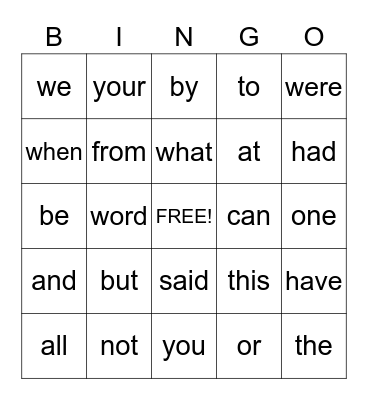 Sight Words Bingo Card