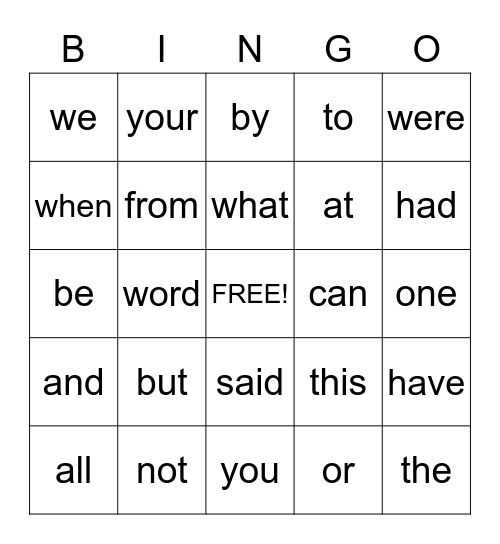 Sight Words Bingo Card