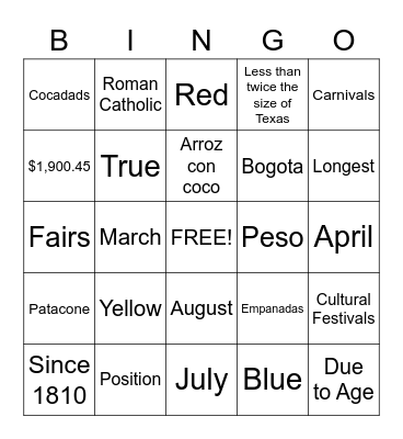 Colombia Bingo Card