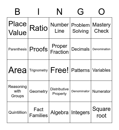 Math Bingo Card