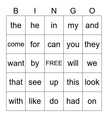 Sight Words Bingo Card