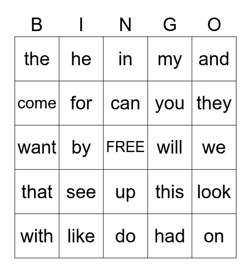 Sight Words Bingo Card