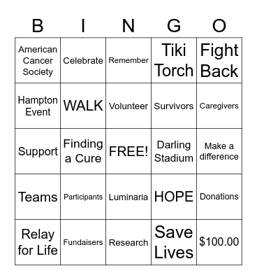 Relay for Life Bingo Card