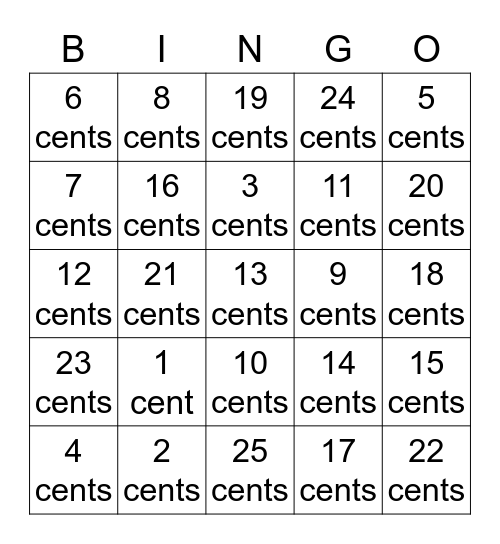 Cents Bingo Card