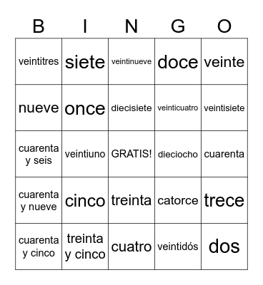 Spanish Numbers Bingo Card