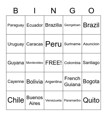 South America Bingo Card