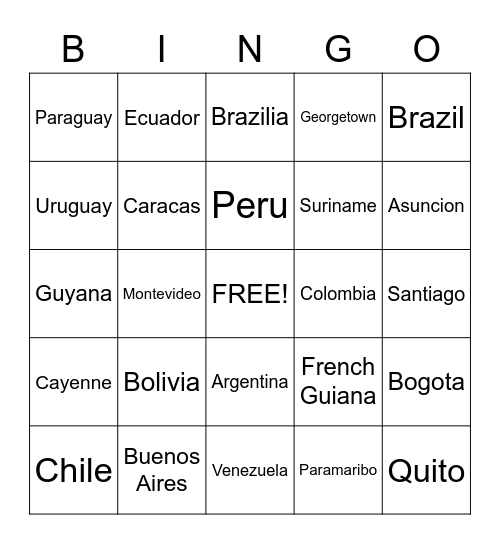 South America Bingo Card