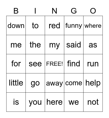 Sight Words Bingo Card