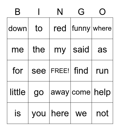 Sight Words Bingo Card