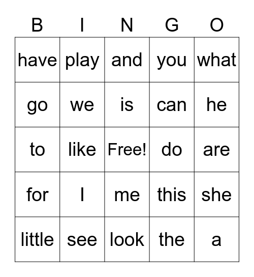 Sight Words Bingo Card