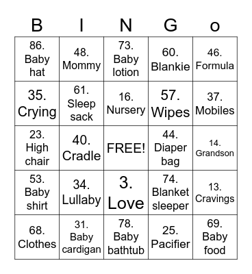 Baby Baylee Bingo Card